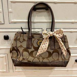 Coach F0826-12463 Brown/Tan Signature C Zip Close 2 Strap Bottom Studs Handbag